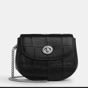 NWT Coach CZ475 Turnlock Card Case Croc Embossed Leather Chain Crossbody Black